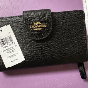 Coach Black Leather Phone Wallet with Gold Logo Detail